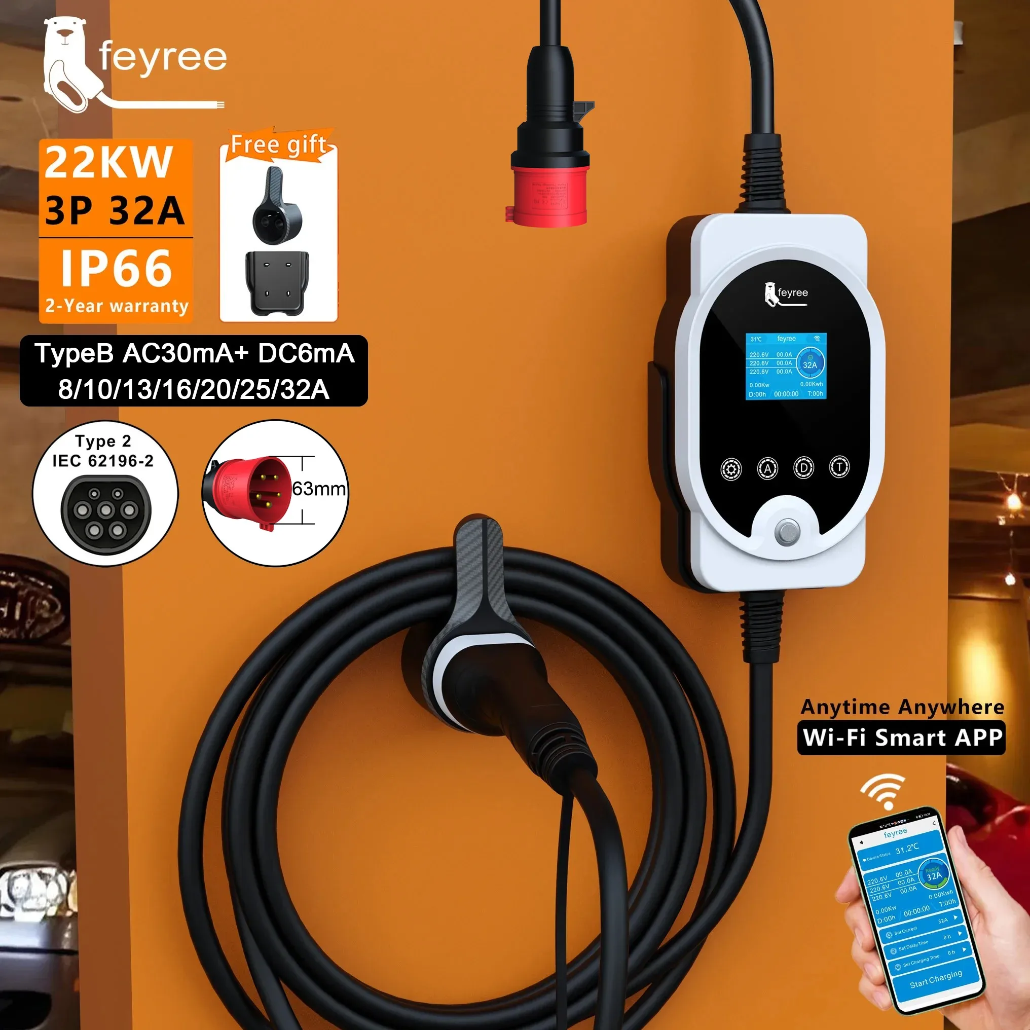 Зарядная станция Feyree 22 кВт – обзор и цена Ev Charger Type 2 22Kw 32A 3 Phase