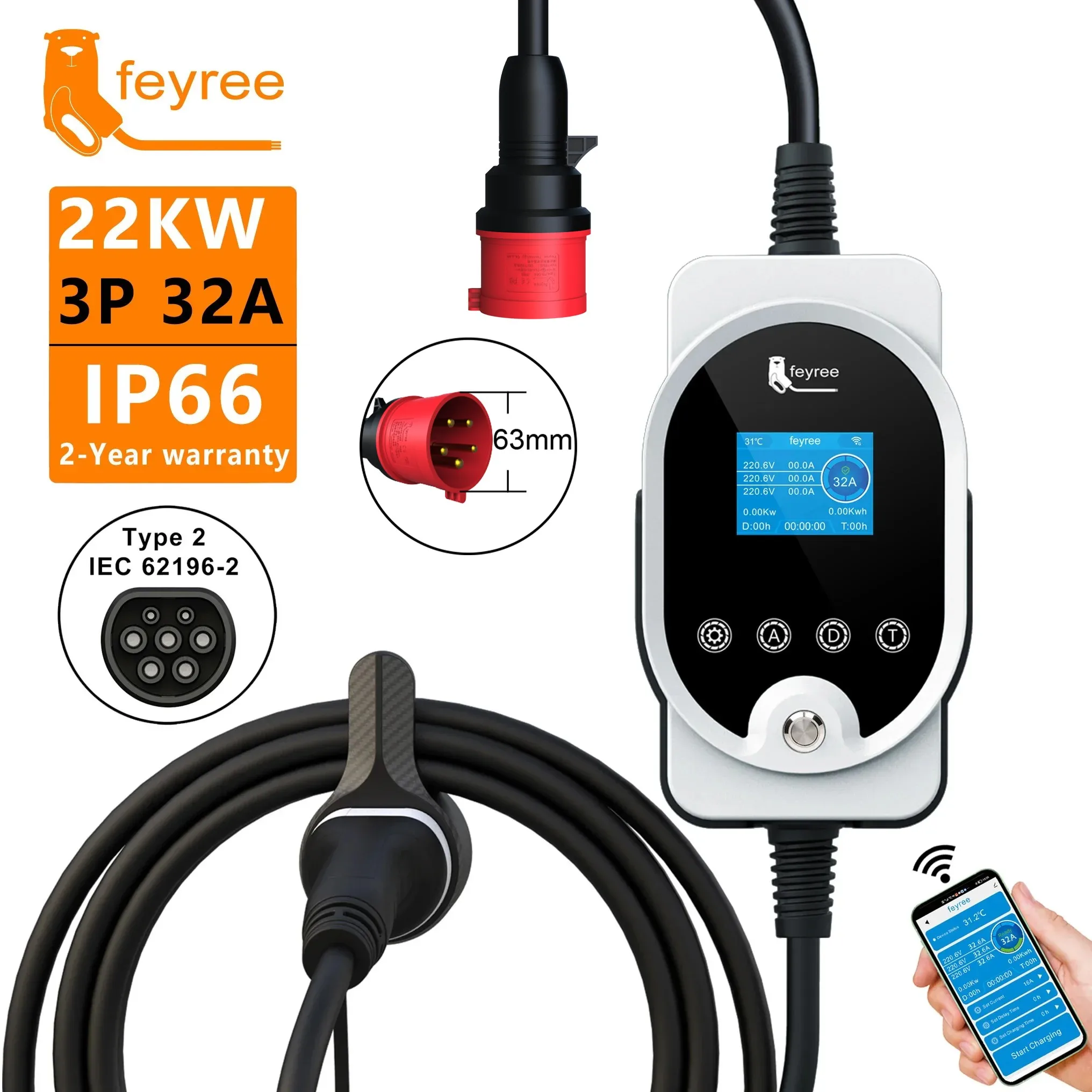 Зарядная станция Feyree 22 кВт – обзор и цена Ev Charger Type 2 22Kw 32A 3 Phase
